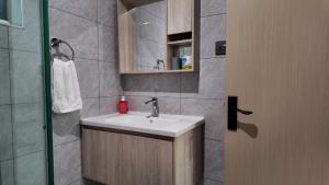 a bathroom with a sink and a mirror at City Charm in Nairobi +10 photos