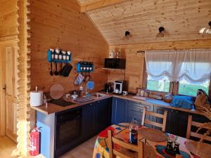 a kitchen with blue cabinets and a table in a cabin at Magiczny domek in Drzewoszewo