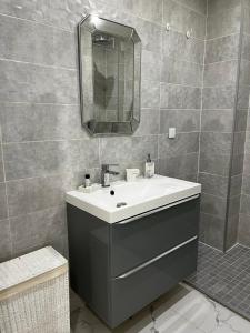 a bathroom with a sink and a mirror at Appartement niçois au coeur du triangle d'or in Nice