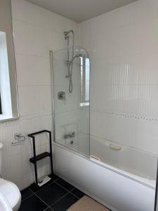a bathroom with a shower and a tub and a toilet at NEM Place, Modern Two-Bedroom Apartment Close to Galway City Centre in Galway