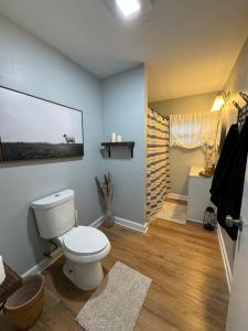 a bathroom with a toilet and a shower at 3BR Holiday Home Sleeps 6 Fully Equipped Kitchen in Knoxville +5 photos
