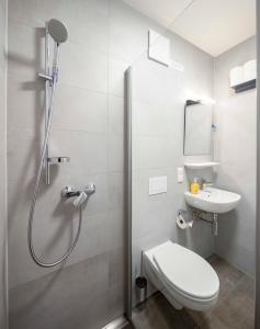 NiederdorlaにあるAppartement in Übigauのシャワー、トイレ、洗面台を備えたバスルーム