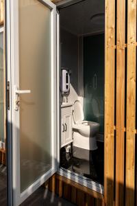 a bathroom with a toilet and a sliding glass door at Schitterhof CHALETS in Spielberg
