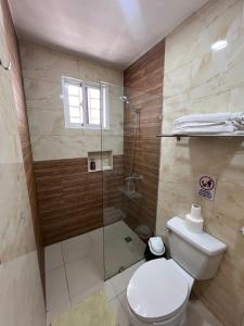 a bathroom with a toilet and a shower at Studios Don Bosco in Santo Domingo +30 photos