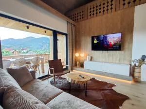 默古拉Vatra Chalet的客厅里有一张沙发，墙上有一台电视