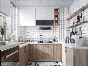 a kitchen with white cabinets and a kitchen rug at Cloud Passion Hotel & Apartment in Ho Chi Minh City