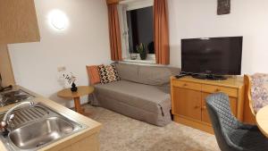 a living room with a couch and a flat screen tv at Appartment Florian in Sankt Leonhard im Pitztal