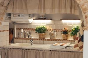 a kitchen counter with potted plants and a sink at Trullo Anteros in Alberobello +5 photos