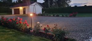 a house with a light in a yard with flowers at Zielona Żabka in Polańczyk