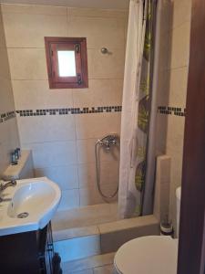 a bathroom with a shower and a toilet and a sink at Symela's Nest in Anoyira