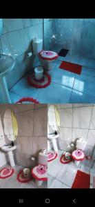 two pictures of a bathroom with toilets and a sink at Casa Névoa in Canela
