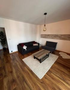 a living room with a couch and a coffee table at Appartement T2 rénové facultés 5 voyageurs in Dijon