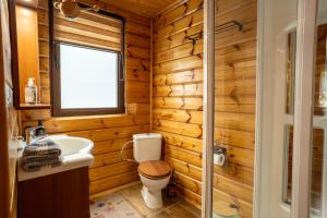 a bathroom with wooden walls and a toilet and a sink at House of Dragkol in Kastaniá +13 photos