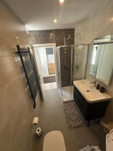 a bathroom with a toilet and a sink and a shower at Eureka in Crikvenica
