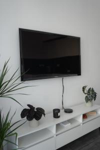 a flat screen tv on a white shelf with plants at Apartmán Bulgaria in Prešov