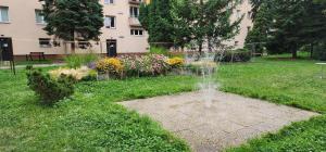 ein Brunnen in der Mitte eines Hofes mit Blumen in der Unterkunft Modern, comfortable apartments near the metro in Prag