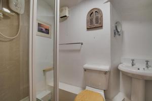 een badkamer met een douche, een toilet en een wastafel bij Wills Cottage in Lower Boscaswell