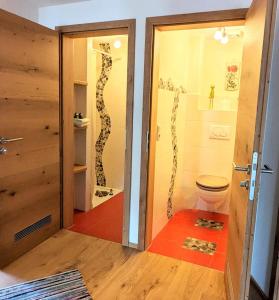 a bathroom with a toilet and a glass door at Ferienwohnung Wannenblick, Ferienhof Lochbihler, WertachAllgäu in Wertach
