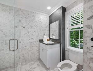 a bathroom with a toilet and a sink and a shower at Carters Court Cozy Hideaway in Franklin