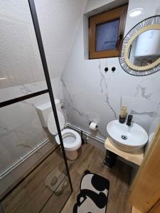 ein Badezimmer mit Waschbecken, Toilette und Spiegel in der Unterkunft Mountain Peace in Žabljak + 15 Fotos