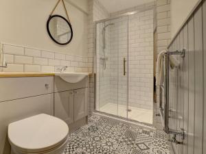 a bathroom with a toilet and a shower at Hideaway in Appledore