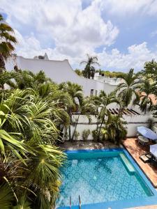 a swimming pool in front of a house with palm trees at Casa Bonampak 1 in Cancún