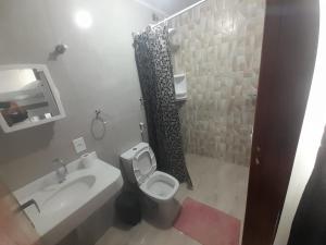 a bathroom with a sink and a toilet and a shower at Flat novo 103 a pé da Prainha Mambucaba Paraty RJ in Paraty +9 photos