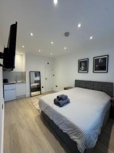 a bedroom with a bed and a flat screen tv at Chic Studio Living in Hounslow