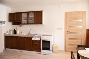 una cocina con fregadero y estufa en Apartmán pri Belej, en Pribylina