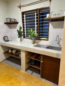 a kitchen with a sink and two potted plants at Beach Villa by Liv Zanzibar in Paje +20 photos