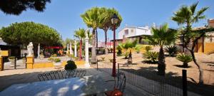 een stad met palmbomen en een straat met bankjes bij Finca los Barrancos in Lepe +12 foto's