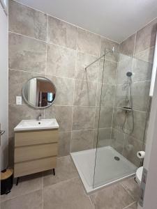 ein Badezimmer mit Dusche, Waschbecken und Spiegel in der Unterkunft Bel appart moderne et climatisé "PAUL" in Alès