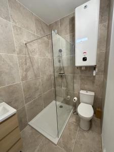 ein Badezimmer mit Dusche und Toilette in der Unterkunft Bel appart moderne et climatisé "PAUL" in Alès