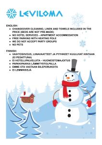 a christmas flyer with a snowman at Leviloma - 27m2 A - Levi huoneisto loma-asunto Levistar majoitus - Levi apartment Levistar accommodation in Levi
