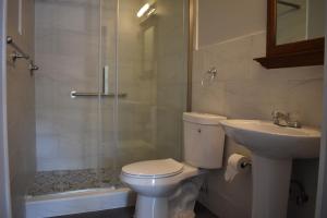 a bathroom with a toilet and a sink and a shower at Tannersville Village Room 1 in Tannersville