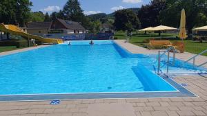 a large blue swimming pool with people in it at Chalet Wienerwald in Königstetten