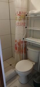 a small bathroom with a toilet and a shower at Villas Del Sol Bed & Breakfast in Lima