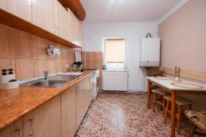 a kitchen with a sink and a table in it at IZZY Apartament in Făgăraş