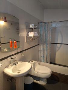 a bathroom with a sink and a toilet and a shower at Departamento Familiar La Merced Terracota in Riobamba