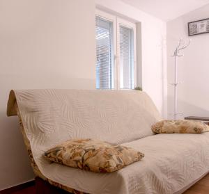 a white couch with two pillows in a room at Studio apartman "DJED" in Hrvatska Kostajnica