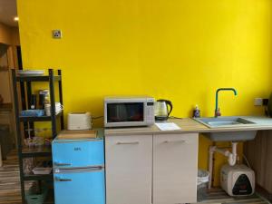 a kitchen with a counter with a microwave and a sink at The Tartan Sheep in Kilmarnock