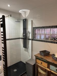 a bathroom with a shower with a glass door at Superbe appartement avec piscine et parking in Fréjus