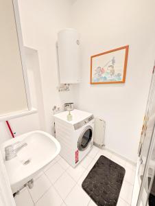 ウィーンにあるCozy Rooms next to Lugner City GB6の白いバスルーム(洗濯機、シンク付) +19枚の写真