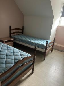 una camera da letto con due letti in una stanza di Chez Burons&Bouchons, Le Refuge Gourmand et Authentique a Condat