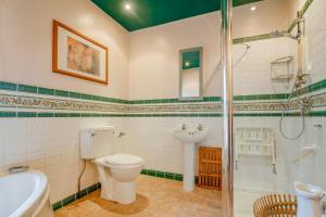 a bathroom with a toilet and a sink and a shower at North Wing at Penmaen in Pwllheli