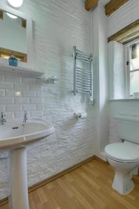 een witte badkamer met een toilet en een wastafel bij Mole Cottage in Parracombe +38 foto's