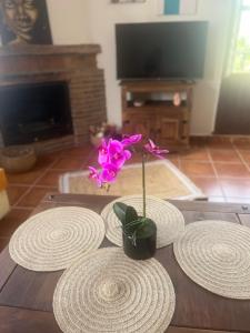 a table with three white plates and a flower on it at Casita de Mia in Golco