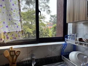 カンパラにあるKisaasi Kyanja Kampala Hideawayの窓付きのキッチン(シンク、カウンター付)