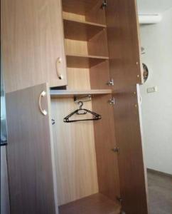 a closet with a wooden door in a room at 3 kambariu butas in Klaipėda