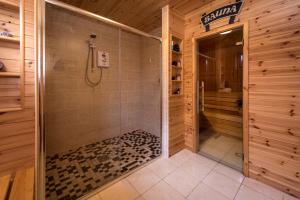 a walk in shower in a wooden bathroom at Ysgubor Bach in Aberdaron +40 photos
